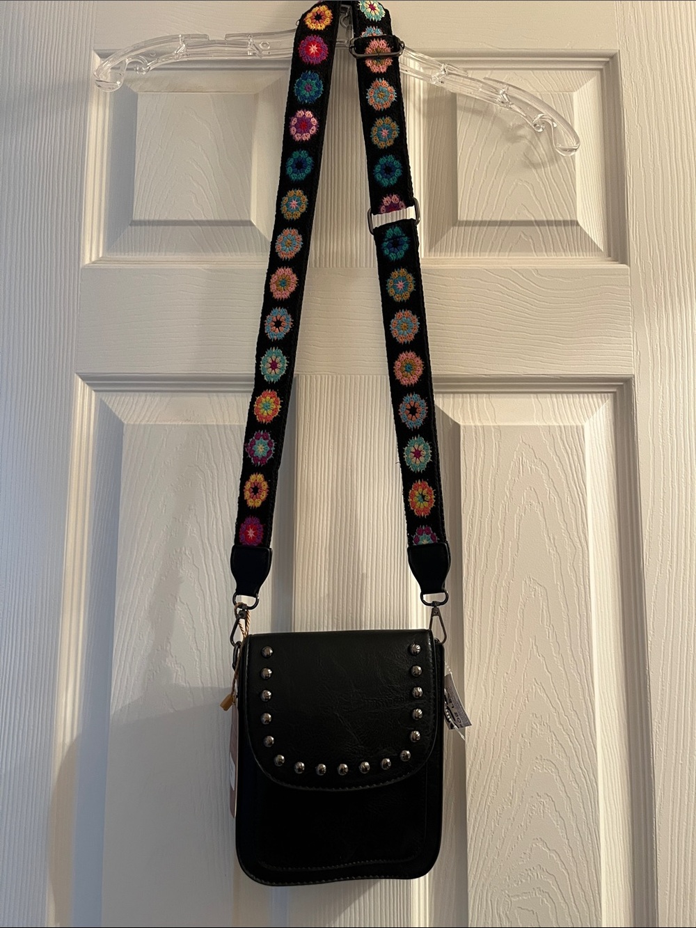 Black Vegan Friendly, Stud-Accent Crossbody with Colorful Floral Fabric Strap